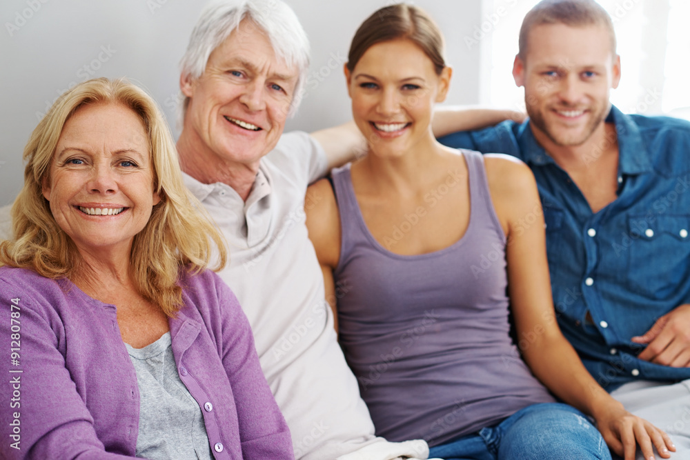 Poster Happy, family and portrait or together on sofa for support, love and trust or care in home. Woman, man and senior people in lounge or living room for relationship, bonding and smile for retirement