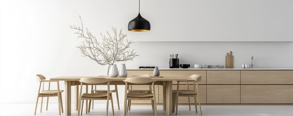 Modern Scandinavian Dining Room with Minimalist Furniture and Pendant Light