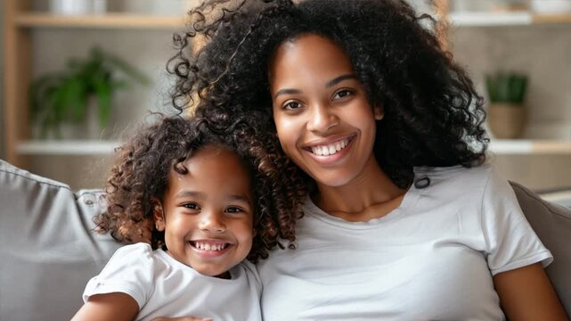Happy daughter embracing mother is pregnant belly and smiling on sofa at living room. Ai Footage.