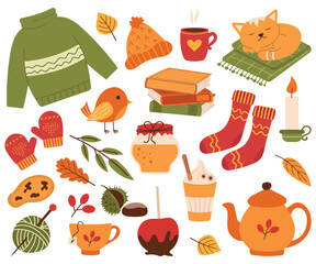 Vector illustration of elements for warm and colorful autumn. Set of various autumn leaves and objects, eps 10. October mood