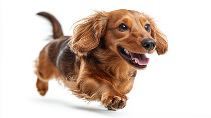 Cute long haired dachshund jumping on white background