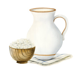 Farm dairy products of milk jar on striped table napkin and cottage cheese in wooden bowl watercolor illustration isolated on white background. Rustic organic food for breakfast, hand drawn clipart