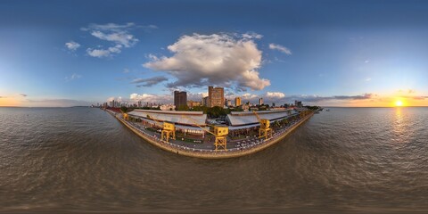 360 aerial photo taken with drone of Estação das Docas at sunset in Belém, Pará, Brazil