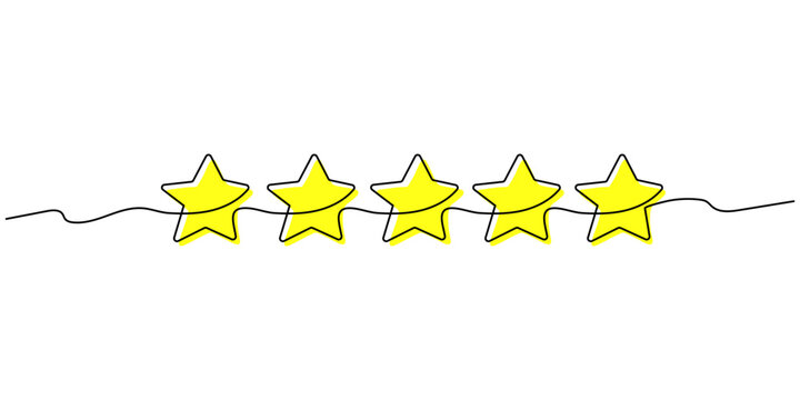 Line product quality rating or customer feedback with five yellow stars with a black line. Rating linear symbols for critic feedback service, rating survey, mobile app. Vector illustration