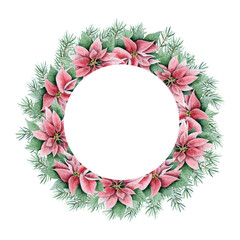 Red green poinsettia flowers round wreath frame with pine tree branches watercolor isolated illustration for Christmas greeting cards template, stickers and tableware sets with plates