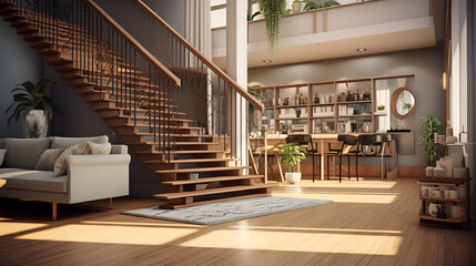 Obraz premium Interior of modern living room with bookshelf and sofa ,Interior design of modern living room with wooden spiral staircase