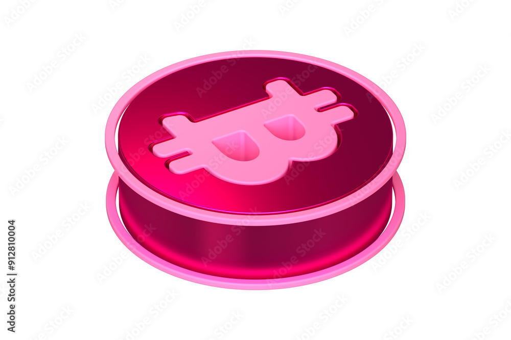 Poster bitcoin btc logo 3d isometric icon in shiny magenta from top. high quality 3d rendering display font