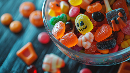 Photography of a close-up of a candy bowl filled with assorted Halloween candies for Halloween Festival 