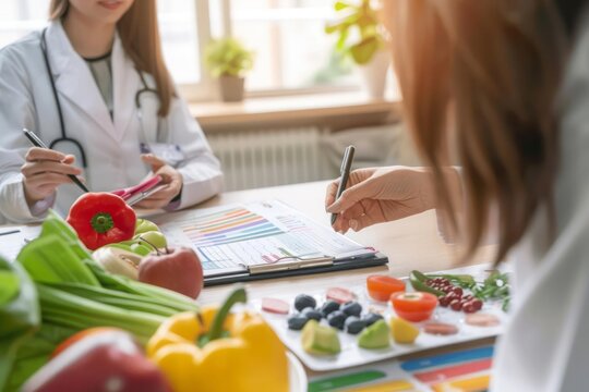 Naklejki A nutritionist consulting with a patient using charts and food models to explain healthy eating habits