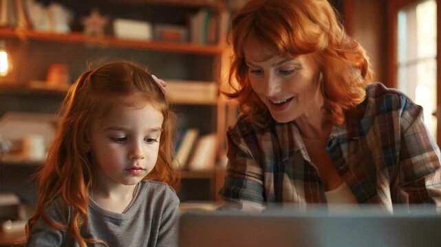 Tutoring session at home, a redhead tutor and a little girl, work on a laptop for modern education. Ai Footage.