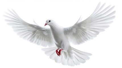 Obraz premium The white dove is a symbol of peace and hope. Beautiful bird flying isolated on a white background. Street pigeon. Love and peace concept.