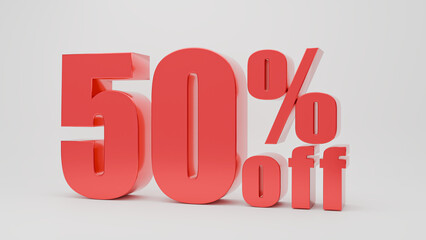 Red 50% percent off sign on white background Text 3D render. ideal for promotional materials, discounts, shopping, store, special price ,and sales advertisements