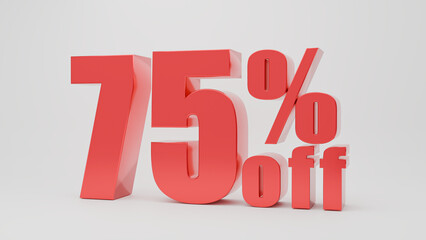 Red 75% percent off sign on white background Text 3D render. ideal for promotional materials, discounts, shopping, store, special price ,and sales advertisements