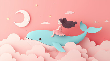A cute little girl sitting on the back of a whale flying in a pastel pink sky with the moon and stars, in the style of paper art