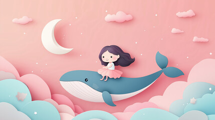 A cute little girl sitting on the back of a whale flying in a pastel pink sky with the moon and stars, in the style of paper art