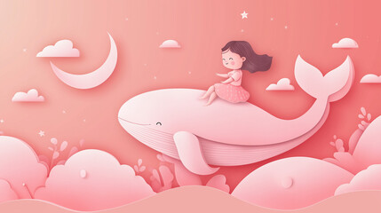 A cute little girl sitting on the back of a whale flying in a pastel pink sky with the moon and stars, in the style of paper art