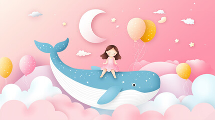 A cute little girl sitting on the back of a whale flying in a pastel pink sky with the moon and stars, in the style of paper art