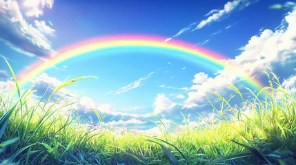 A beautiful sunny day in a 3D anime style, featuring a vibrant rainbow in the blue sky over a lush green grass field. The scene is bright, colorful, and hyper-realistic, capturing the essence of a ser