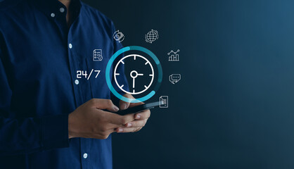  hand holding virtual 24-7 with clock on hand for worldwide nonstop and full-time available contact of service concept. customer service, nonstop service concept.