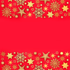 Christmas gold snowflake star festive background border on red. Festive vibrant fantasy seasonal charm design for Yule, Noel, Xmas. Greeting card, gift tag, label.