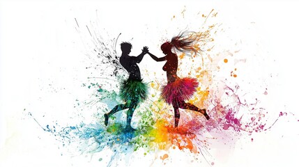 Naklejka premium Abstract illustration of the hula dance in an explosion of colorful paint on a white background 