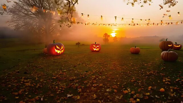 Jack-o-lanterns scattered around the park during sunset. Halloween themed background