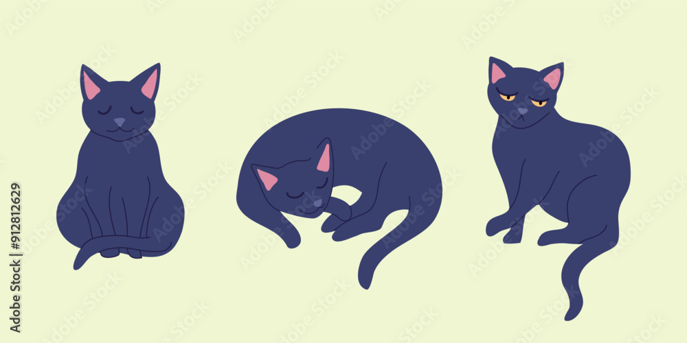 Sticker Cartoon Color Cat Different Poses Set Pet Concept Flat Design Style. Vector illustration of Kitten Animal