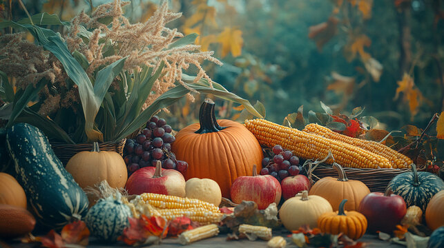 Photography of a bountiful harvest spread on a table, including pumpkins, corn, apples, and squash, representing the abundance of the season for Thanksgiving Festival 