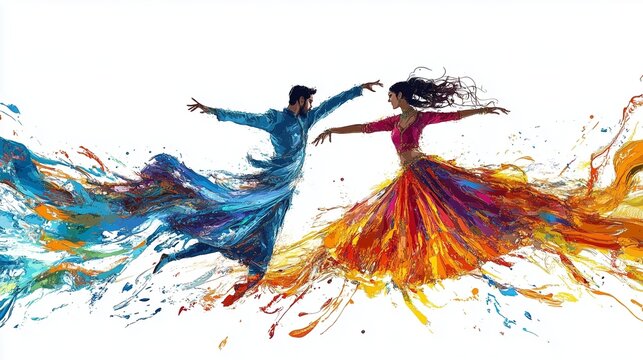 Abstract illustration of the kathak dance in an explosion of colorful paint on a white background