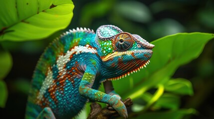 Obraz premium A colorful chameleon perched on a branch, blending into the lush green foliage.