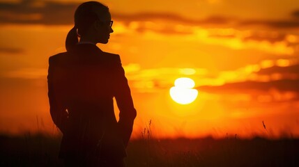 Fototapeta premium Silhouette of a businesswoman standing in a field during a golden sunset, looking towards the horizon and contemplating the future.