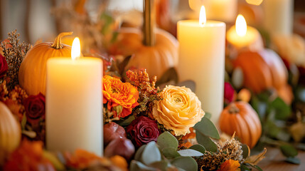 Photography of a close-up of a Thanksgiving-themed table centerpiece made of candles, autumn flowers, and mini pumpkins, creating a warm and inviting atmosphere for Thanksgiving Festival 