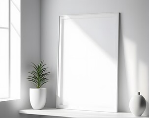 Modern Frame Mockup with Vase and Sideboard in a Relaxing Space - Template For Artwork, Painting, Photo Or Poster