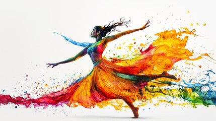 Abstract illustration of the Bharatanatyam dance in an explosion of colorful paint on a white background