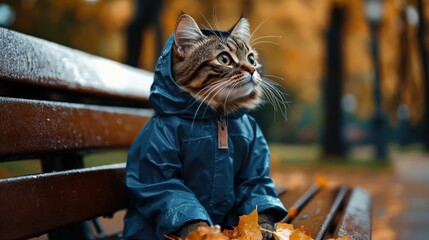 A cat in a raincoat sits on a bench surrounded by colorful fallen leaves, looking up with curiosity amid a lovely autumn setting