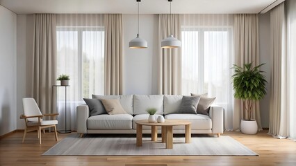 A 360-Degree Panorama of a Modern Living Room with a White Couch and Grey Curtains in a Scandinavian Setting: Minimalist El  Generative AI