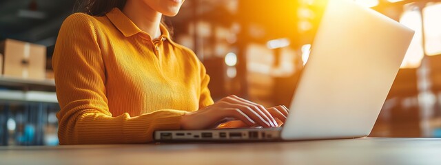 A focused individual typing on a laptop in a bright workspace, showcasing productivity and modern work culture.