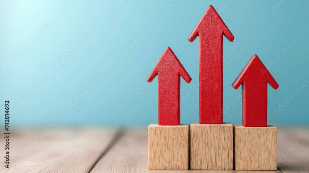 Poster a close-up of wooden blocks with red arrows pointing upwards, symbolizing growth and progress in bus