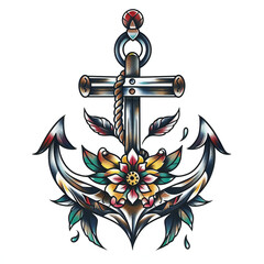 Anchor and flower head very simple traditional tattoo illustration