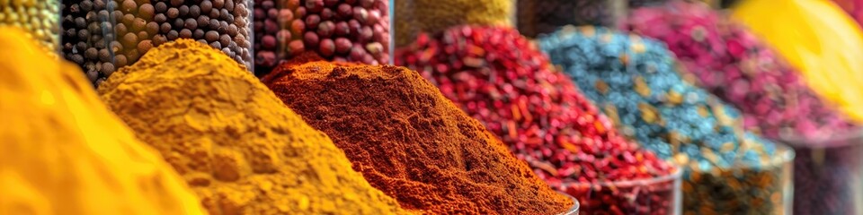 Fototapeta premium Vibrant stacks of spices at an exotic spice bazaar