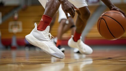 Fototapeta premium Close-up of a basketball player's hands dribbling the ball on the court, focusing on the white shoes and red socks Generative AI