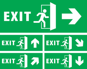 Emergency exit sign set, running man icon to door, green color, arrow vector, warning sign plate warning emergency sign isolated background