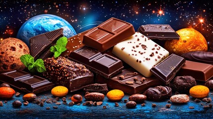 A cosmic arrangement of assorted chocolate bars and sweets with vibrant planets in a starry background, ideal for food lovers.