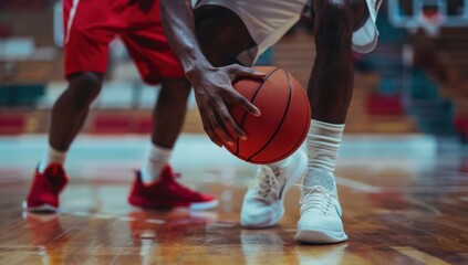 Fototapeta premium Close-up of a basketball player's hands dribbling the ball on the court, with white shoes and red shorts in the background Generative AI