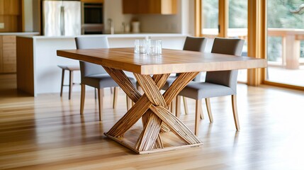 Bamboo dining table with a unique interwoven base in a high end dining area bamboo furniture designer elegance