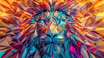 A vibrant, geometric lion design featuring intricate colors and sharp shapes, perfect for modern art enthusiasts.