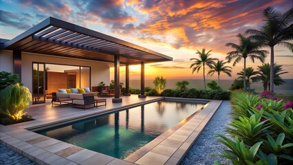 Fototapeta premium A Glimpse of Tranquility: A Modern Bungalow with a Pool and an Aesthetic Garden Under a Sunset Sky generative AI