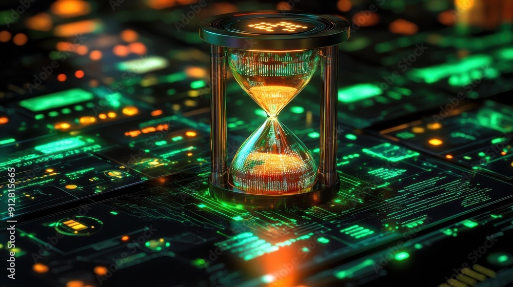Poster an hourglass symbolizing time on a glowing circuit board, merging technology with the concept of tim
