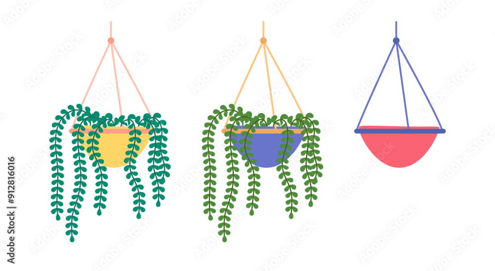 Poster Cartoon Color Hanging Pot with Fern and Empty Set Home Decor Concept Flat Design Style . Vector illustration