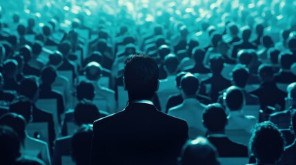 Obraz premium A CEO addressing employees in a company-wide meeting